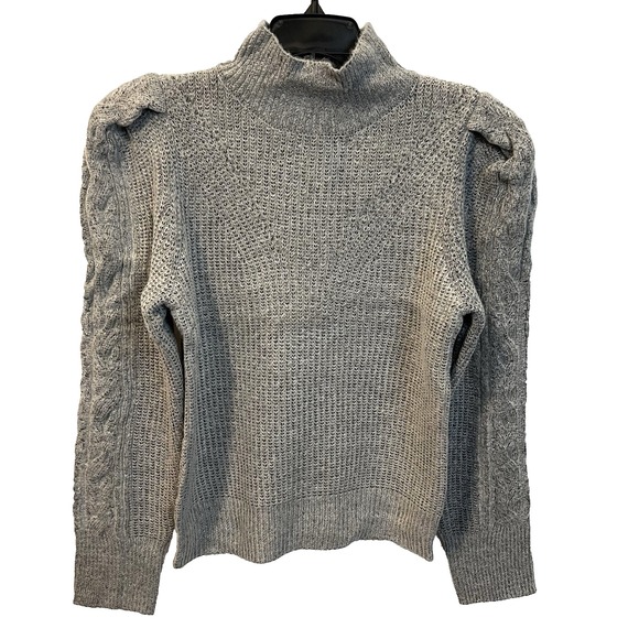 Industry Republic Women's SP Gray Heather Mock Neck Cable Knit Puffed Sleeves - Picture 2 of 11
